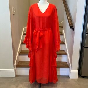 H&M Bright Red V-Neck Tiered Maxi Dress with Tie Waist